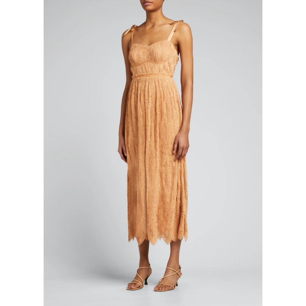 Jonathan Simkhai | Bonnie Silk Lace Plisse Bustier Midi Dress in Butterscotch